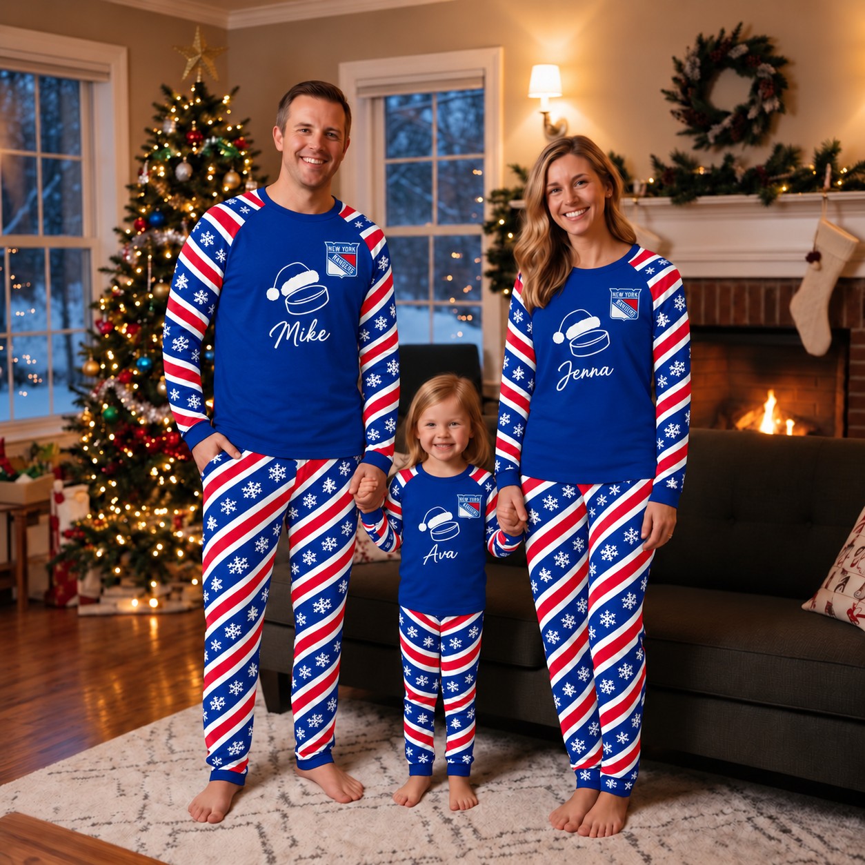 New York Rangers family Christmas pajamas, candy stripe design