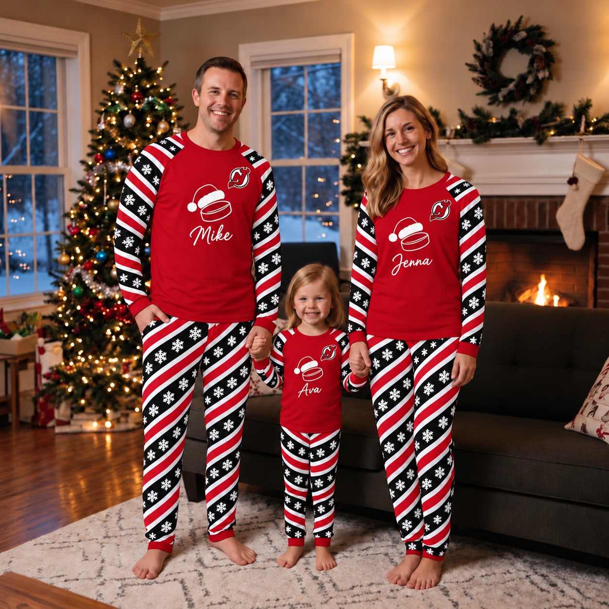 New Jersey Devils family Christmas pajamas, candy stripe design