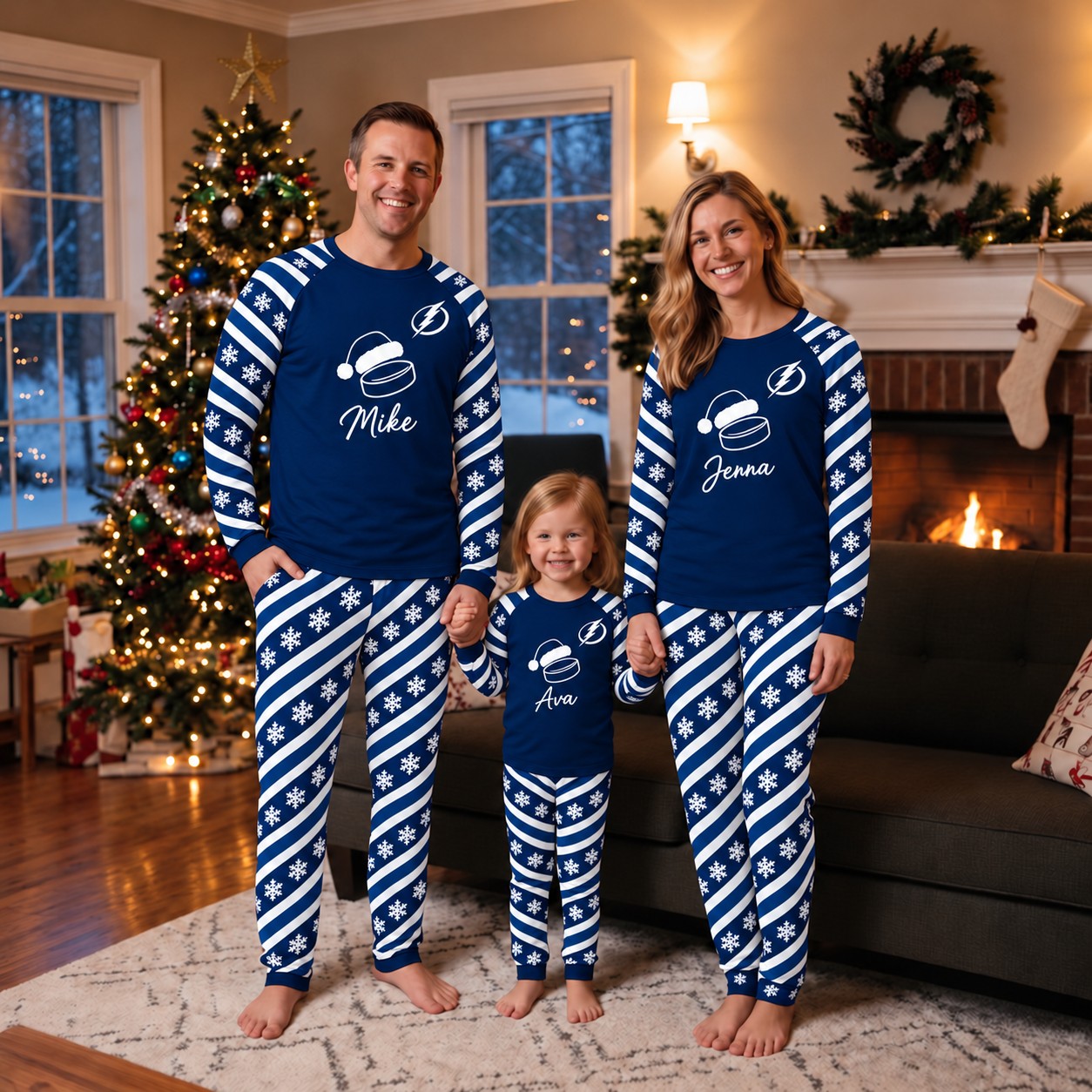 Tampa Bay Lightning family Christmas pajamas, candy stripe design
