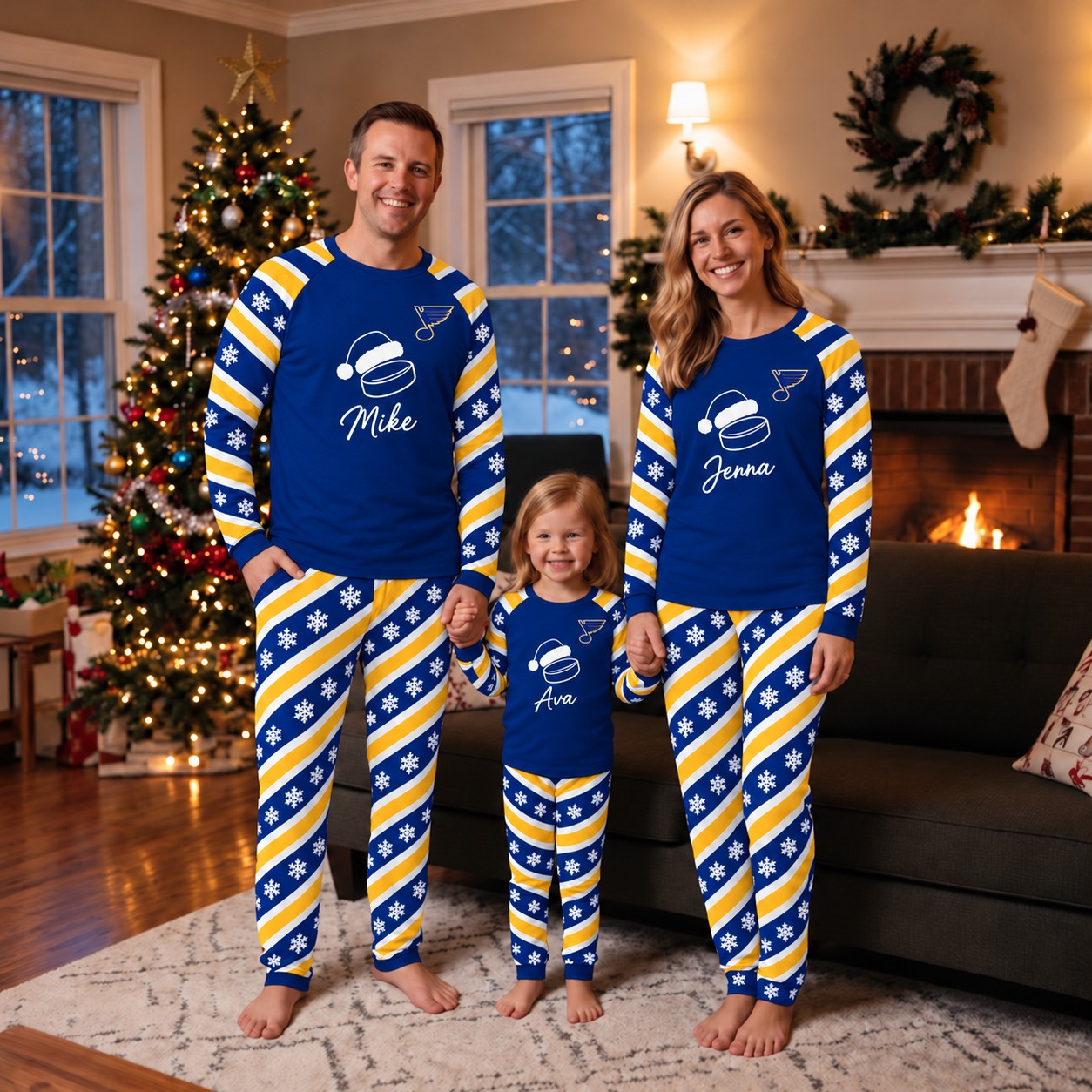 St. Louis Blues family Christmas pajamas, candy stripe design