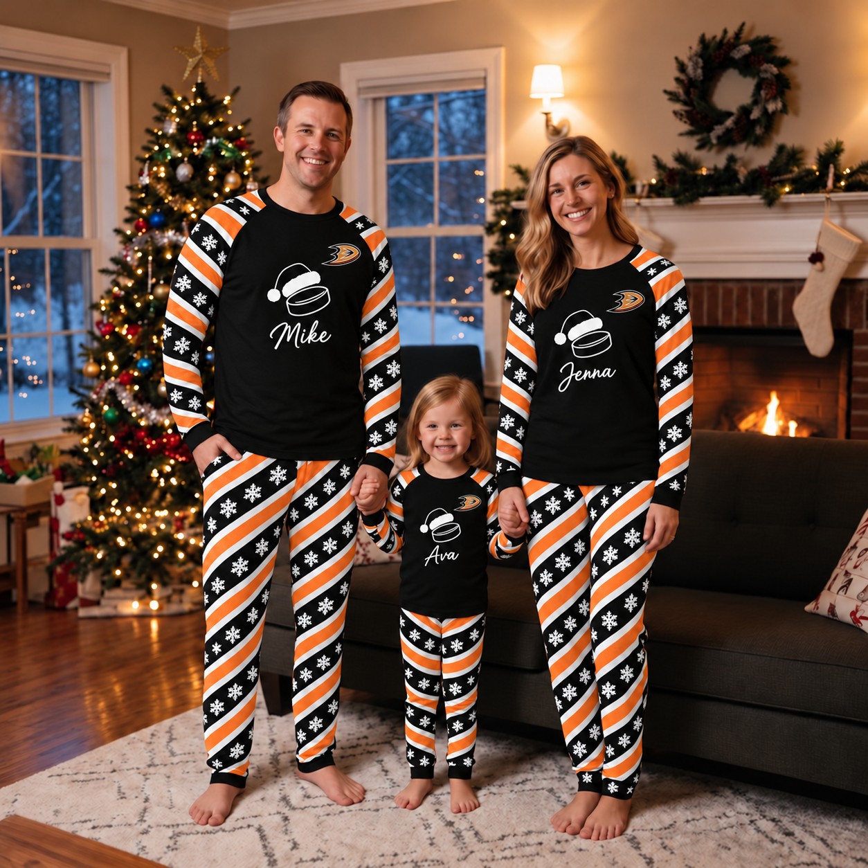 Anaheim Ducks family Christmas pajamas, candy stripe design