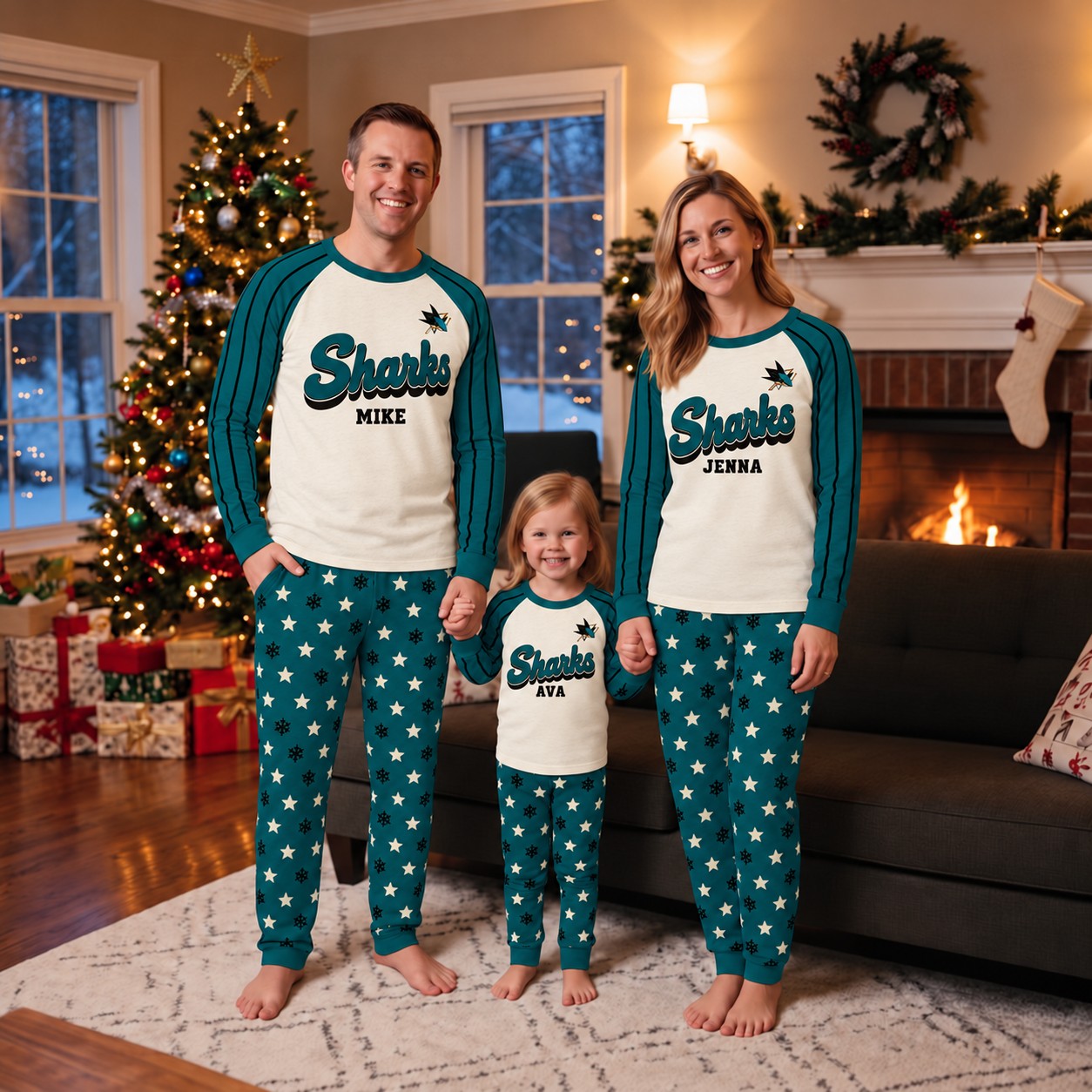 San Jose Sharks family Christmas pajamas, retro design