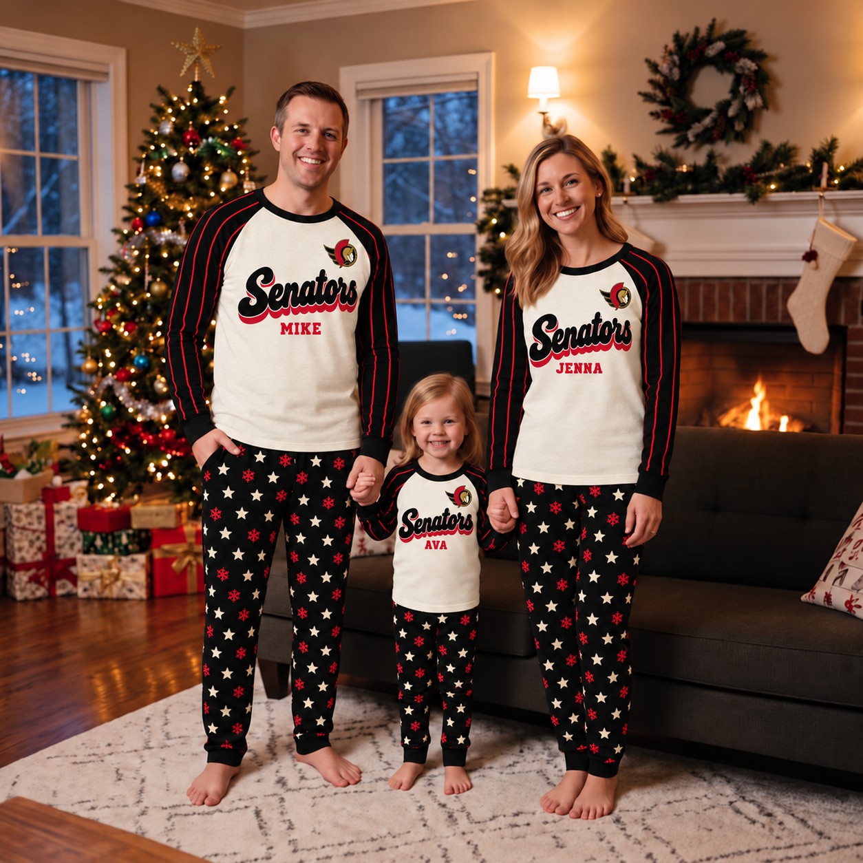 Ottawa Senators family Christmas pajamas, retro design