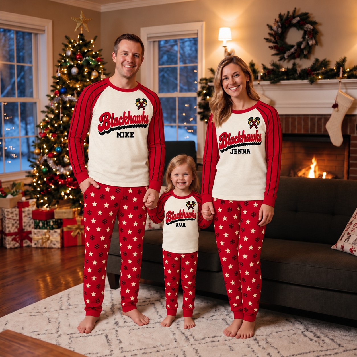 Chicago Blackhawks family Christmas pajamas, retro design