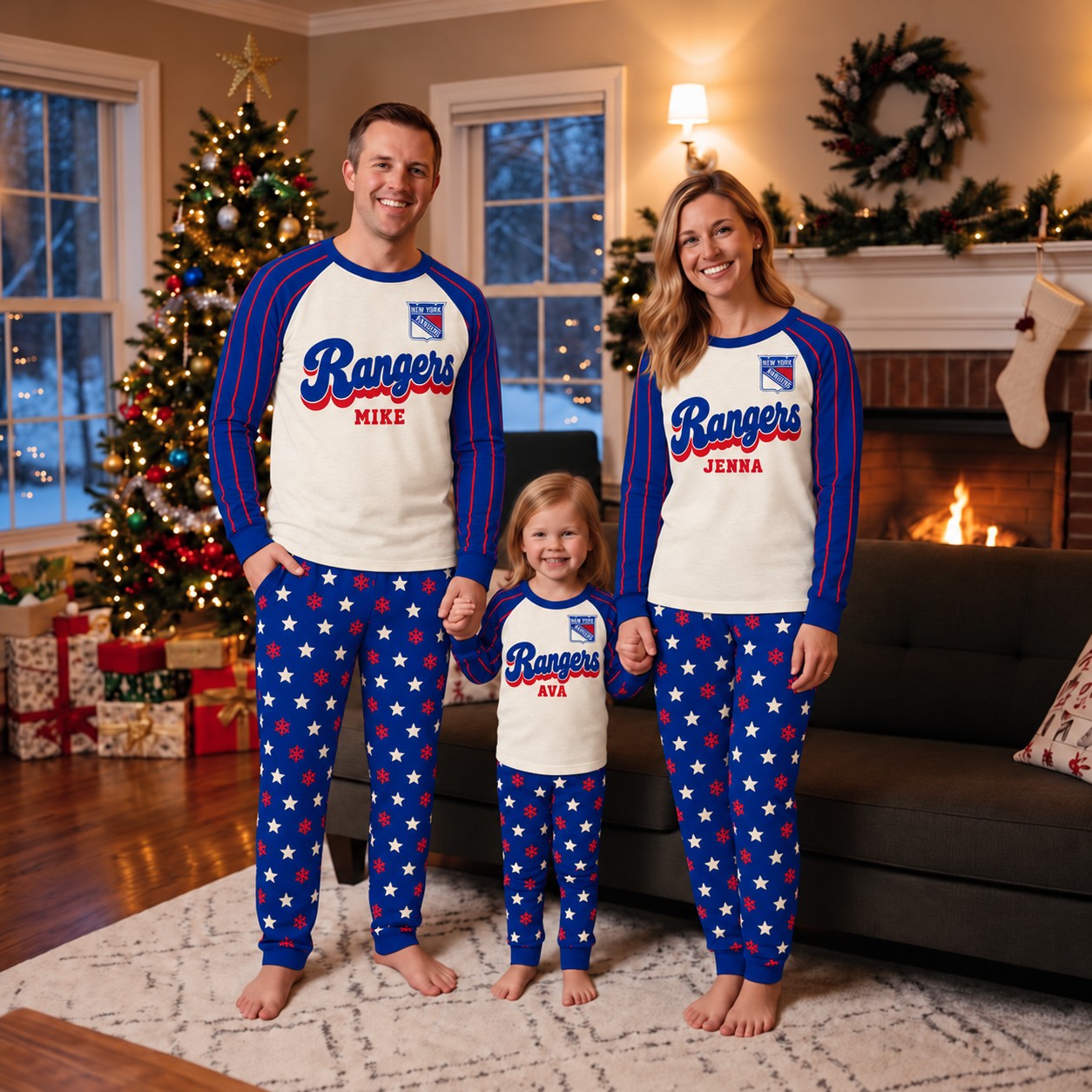 New York Rangers family Christmas pajamas, retro design