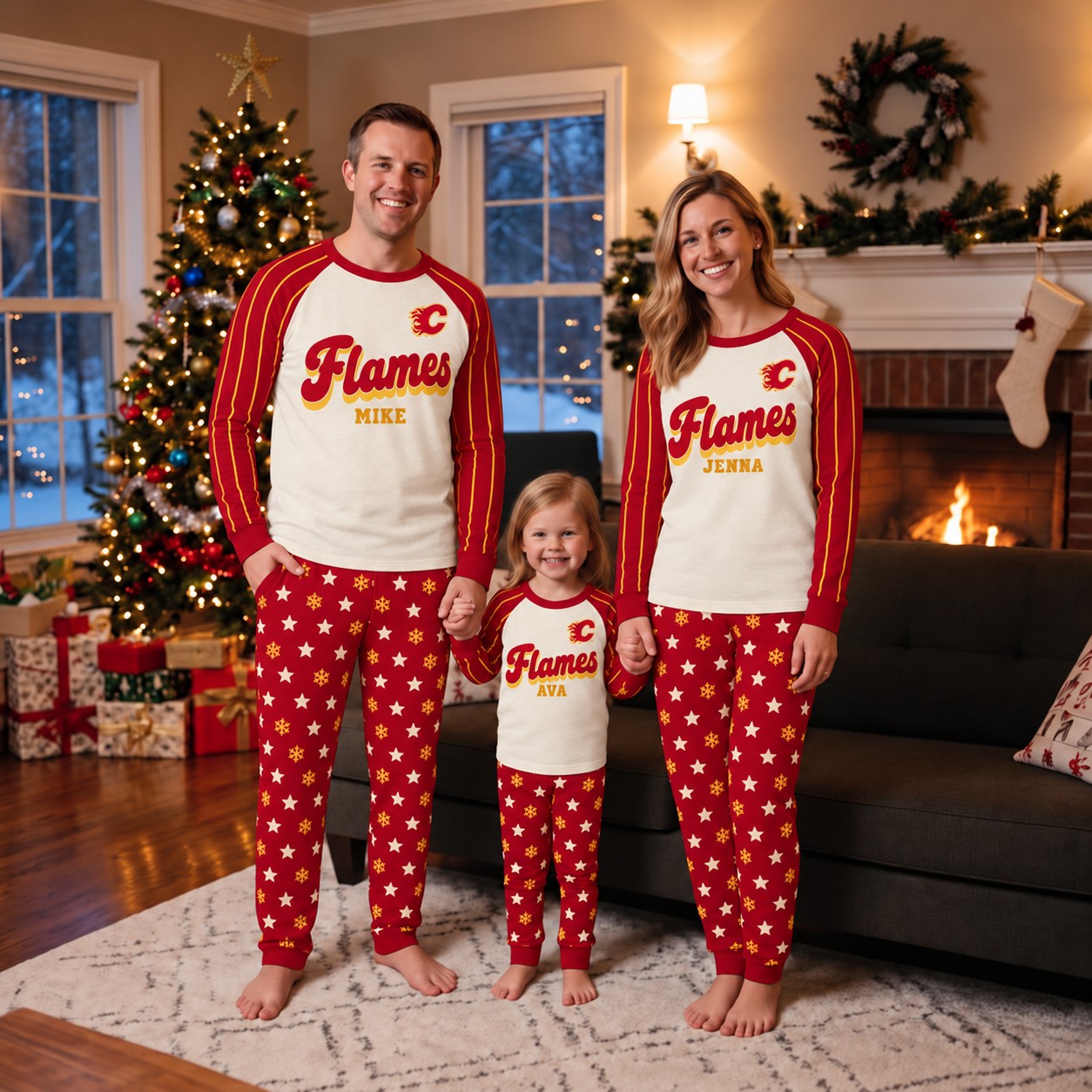 Calgary Flames family Christmas pajamas, retro design