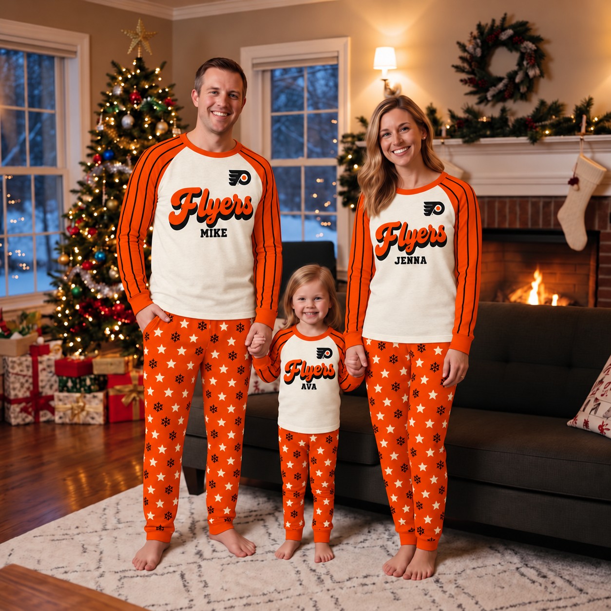 Philadelphia Flyers family Christmas pajamas, retro design