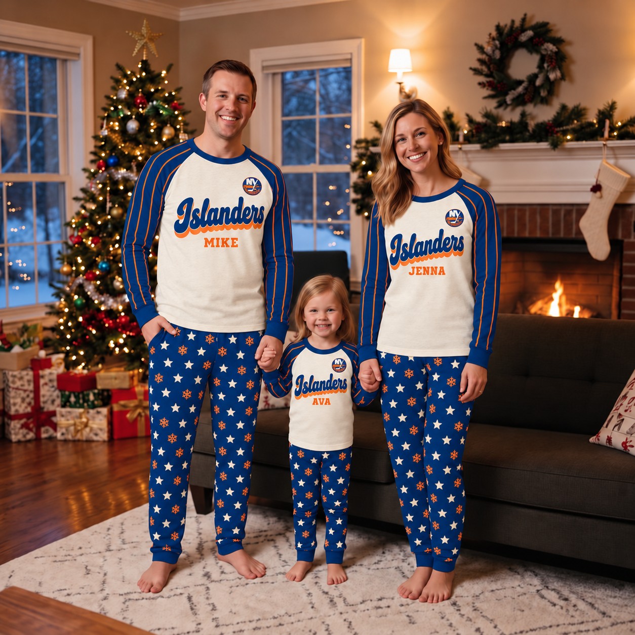 New York Islanders family Christmas pajamas, retro design