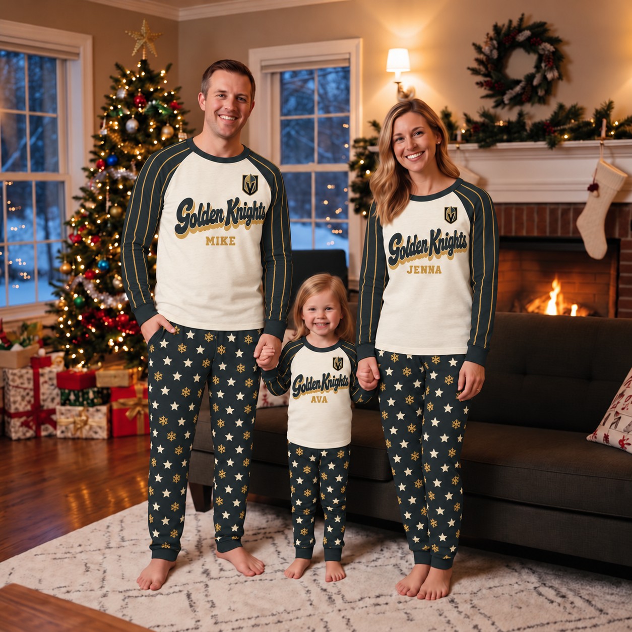 Vegas Golden Knights family Christmas pajamas, retro design