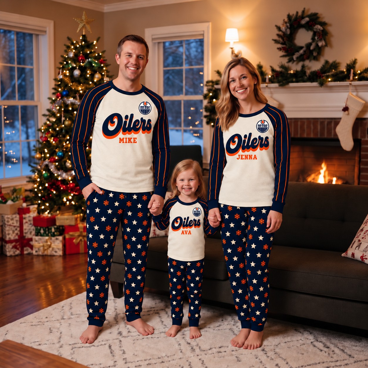 Edmonton Oilers family Christmas pajamas, retro design