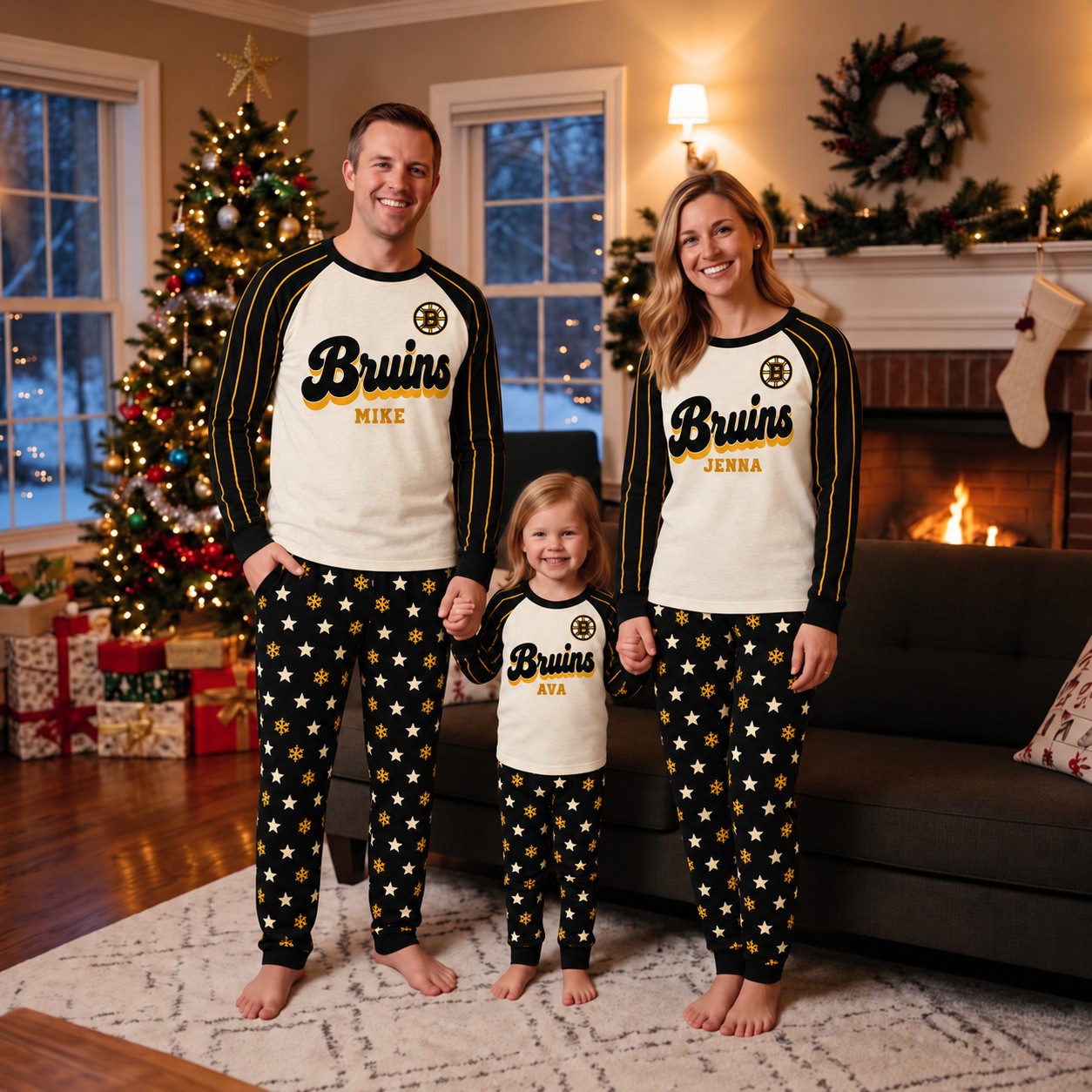 Boston Bruins family Christmas pajamas, retro design