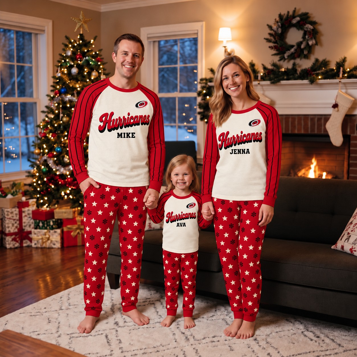 Carolina Hurricanes family Christmas pajamas, retro design