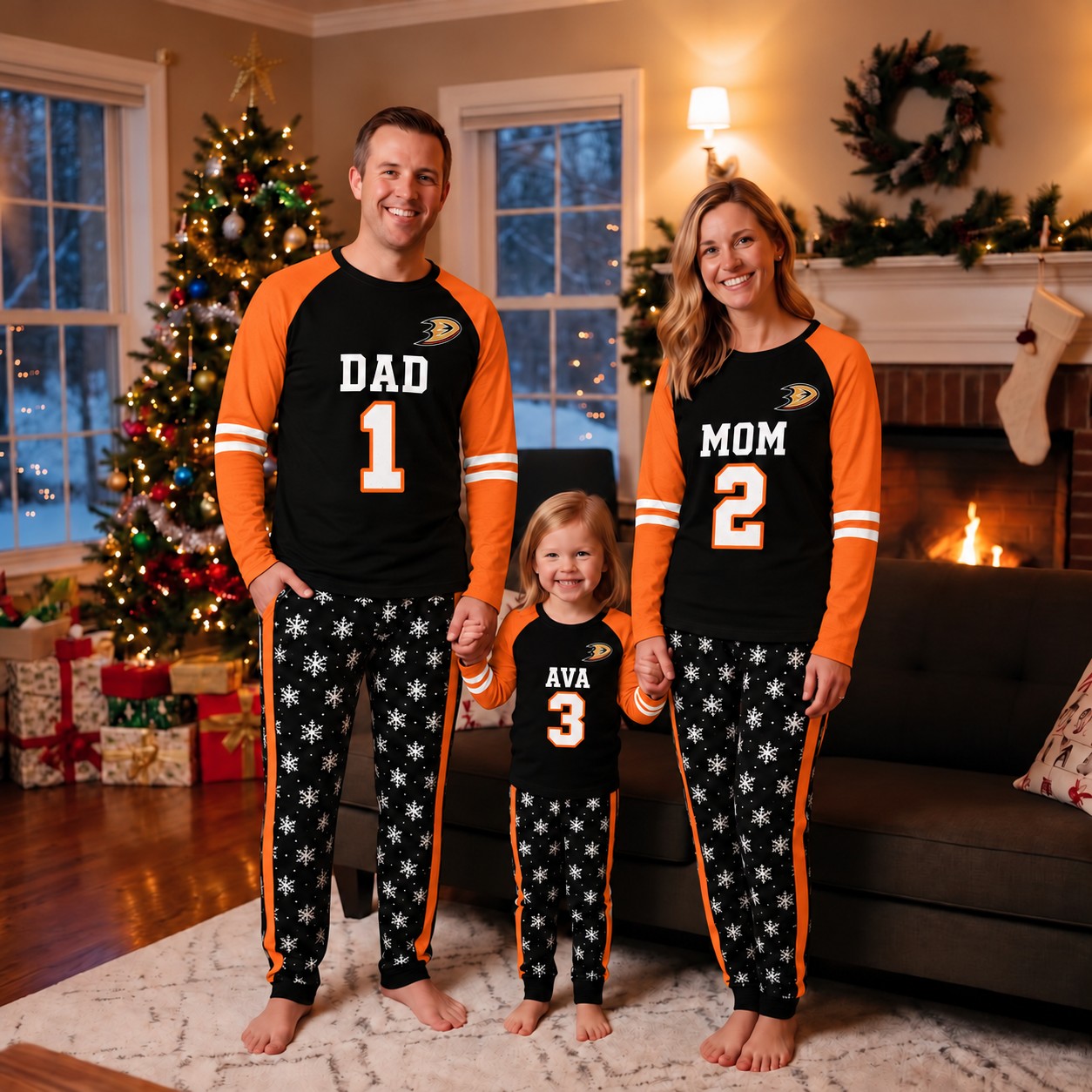 Anaheim Ducks family Christmas pajamas, jersey design