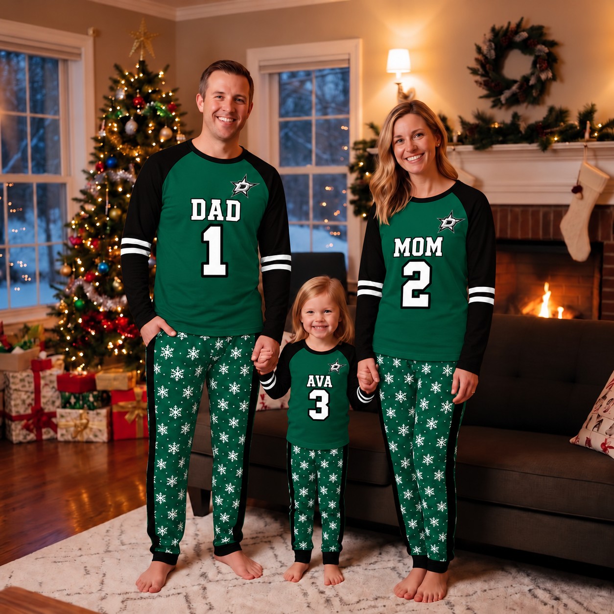 Dallas Stars family Christmas pajamas, jersey design