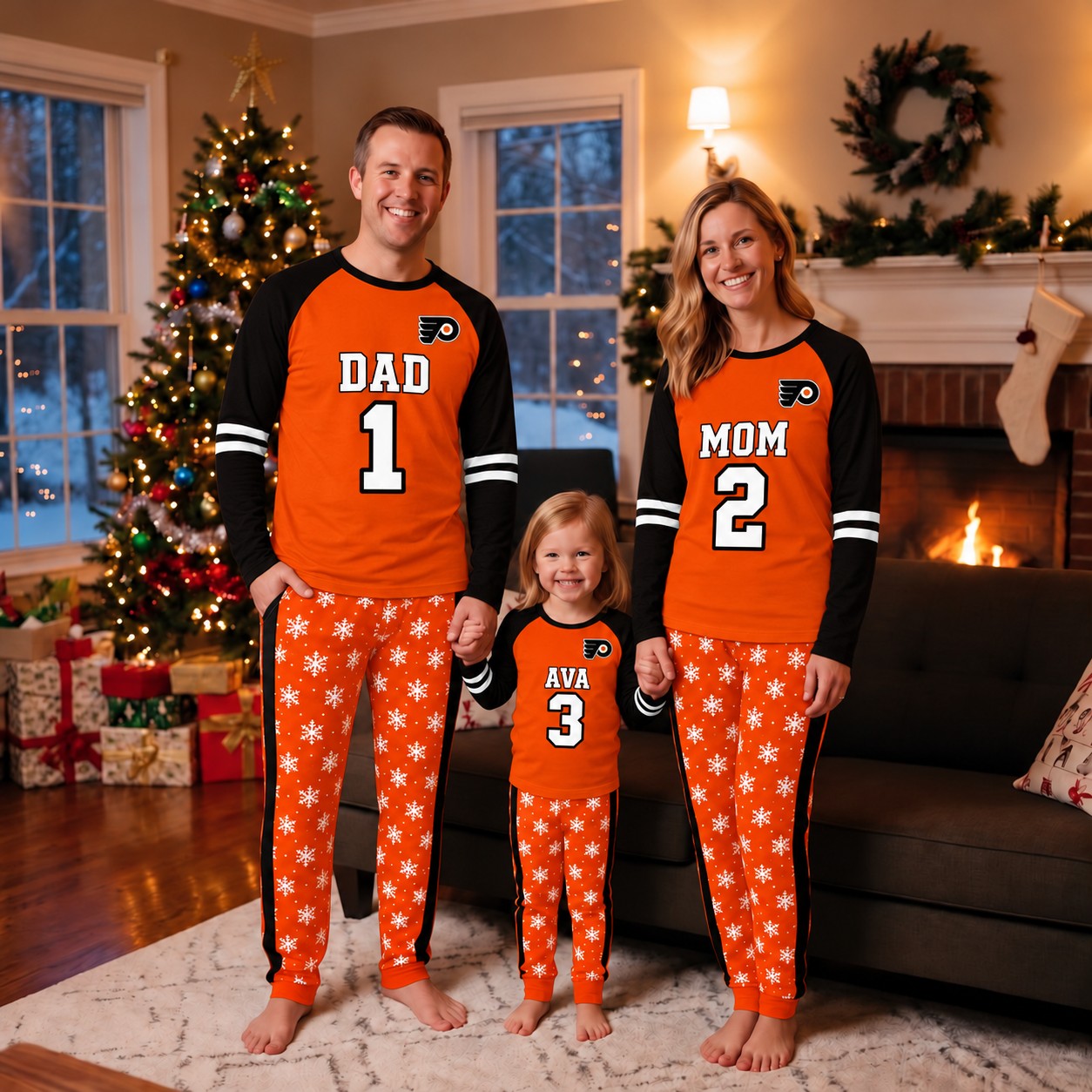 Philadelphia Flyers family Christmas pajamas, jersey design