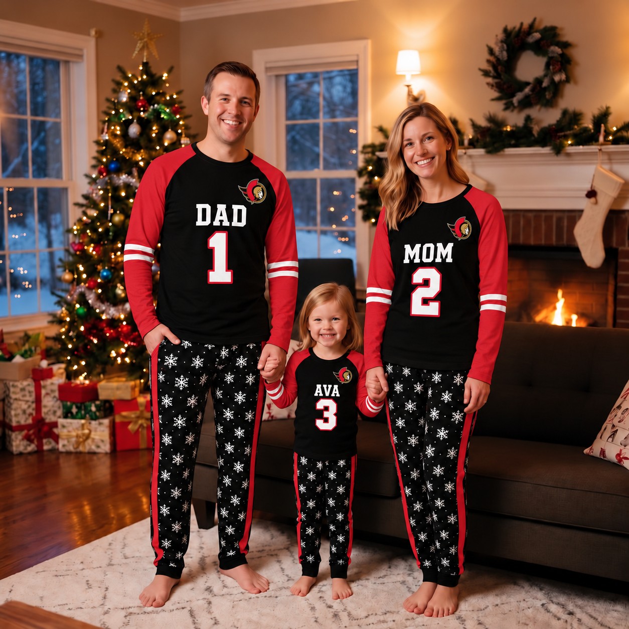 Ottawa Senators family Christmas pajamas, jersey design