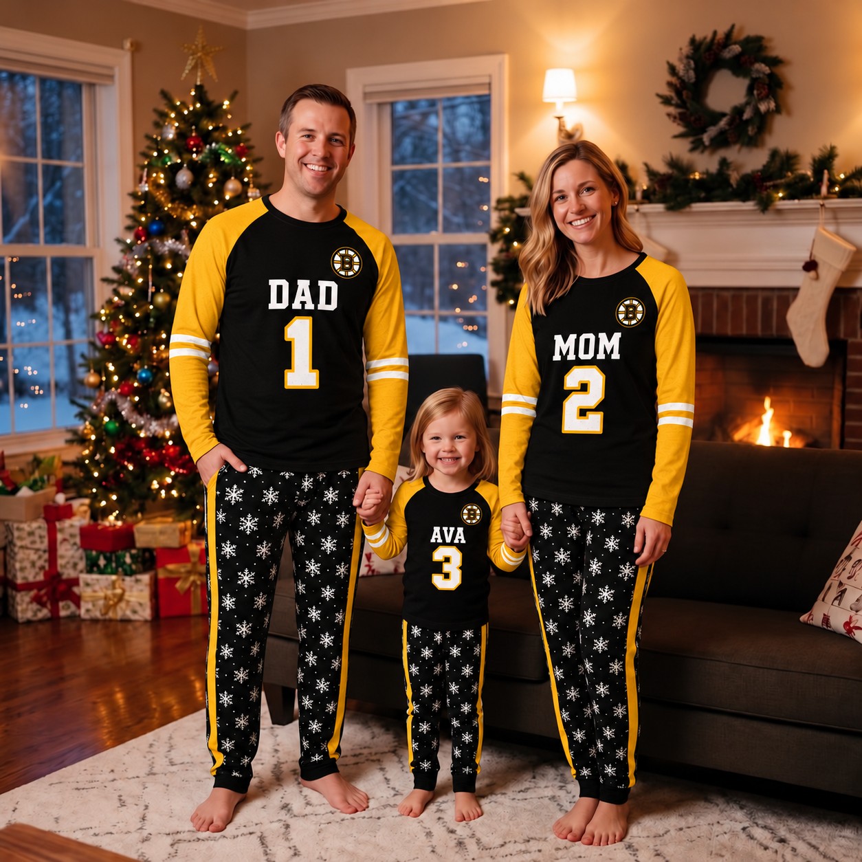 Boston Bruins family Christmas pajamas, jersey design