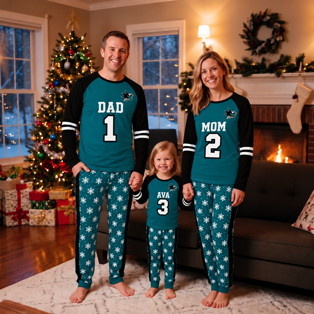 San Jose Sharks family Christmas pajamas, jersey design