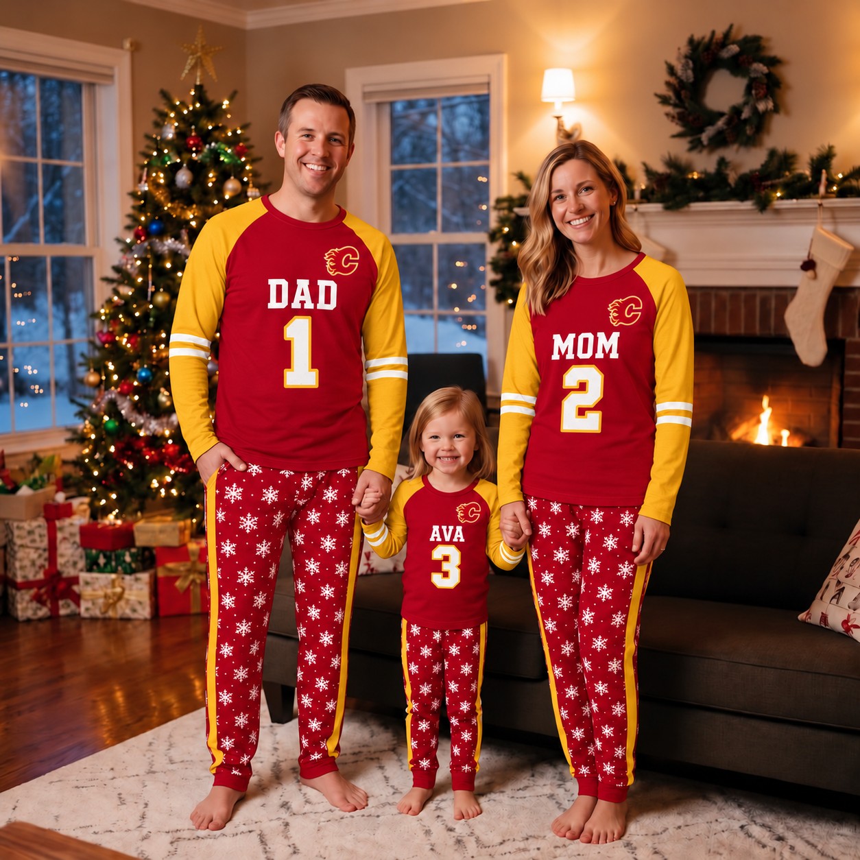 Calgary Flames family Christmas pajamas, jersey design