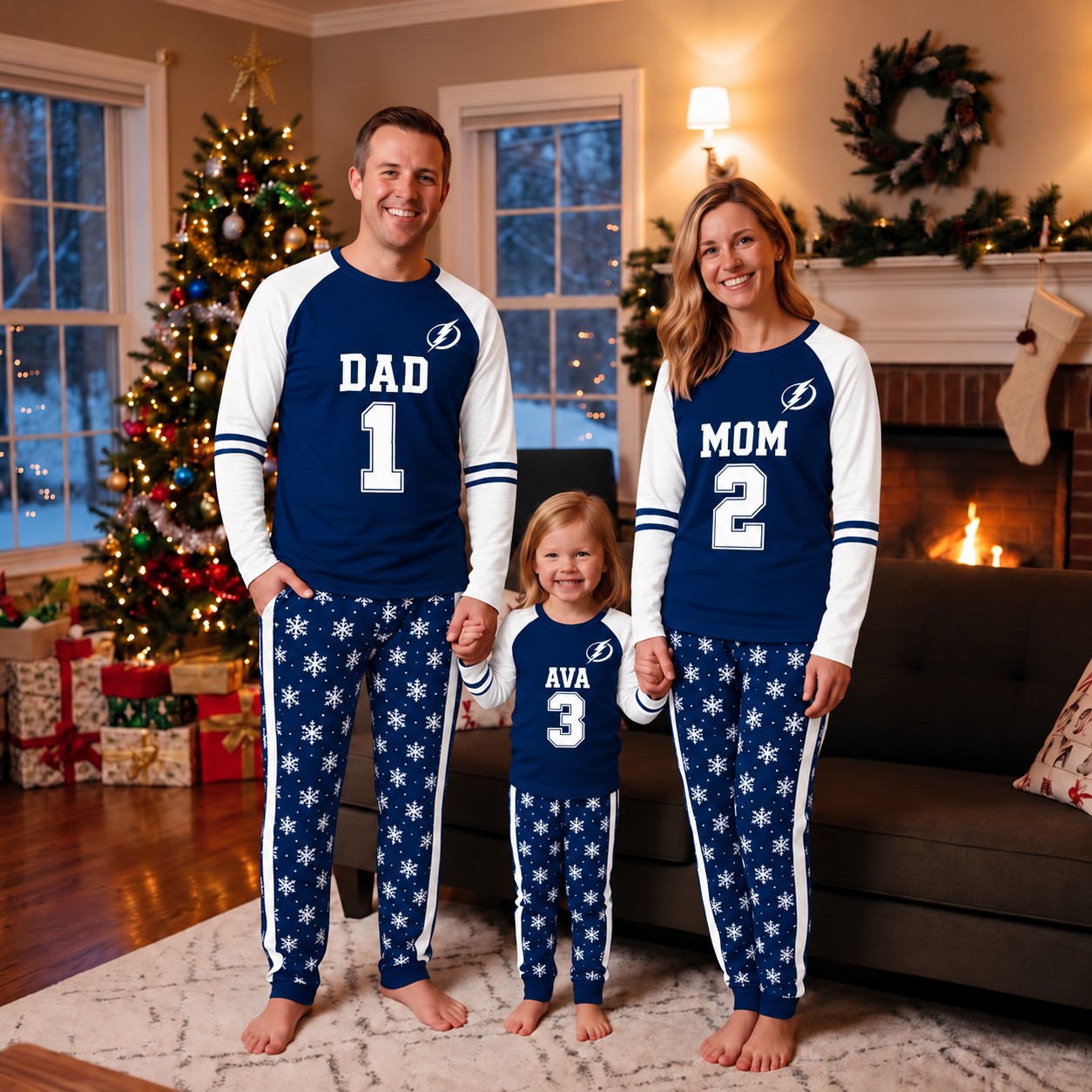 Tampa Bay Lightning family Christmas pajamas, jersey design