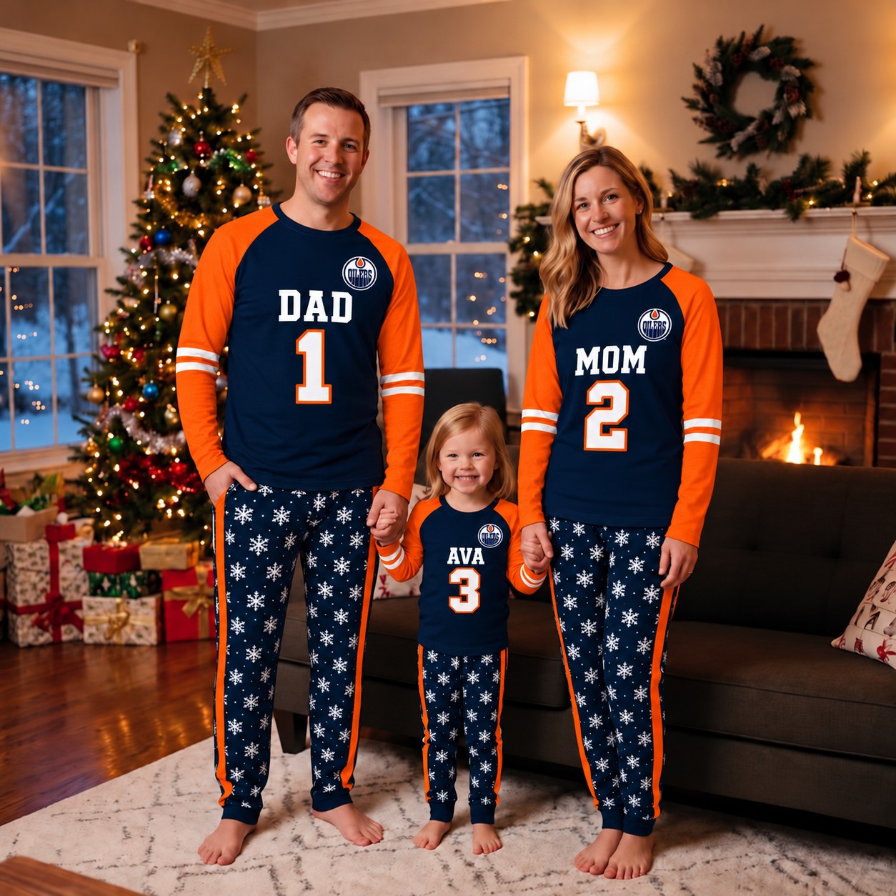 Edmonton Oilers family Christmas pajamas, jersey design