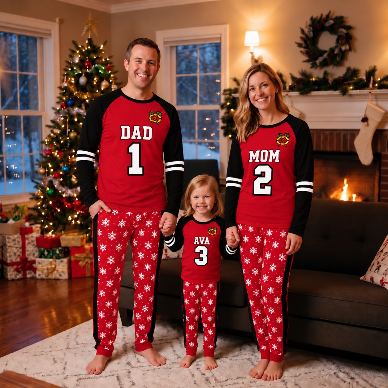 Chicago Blackhawks family Christmas pajamas, jersey design