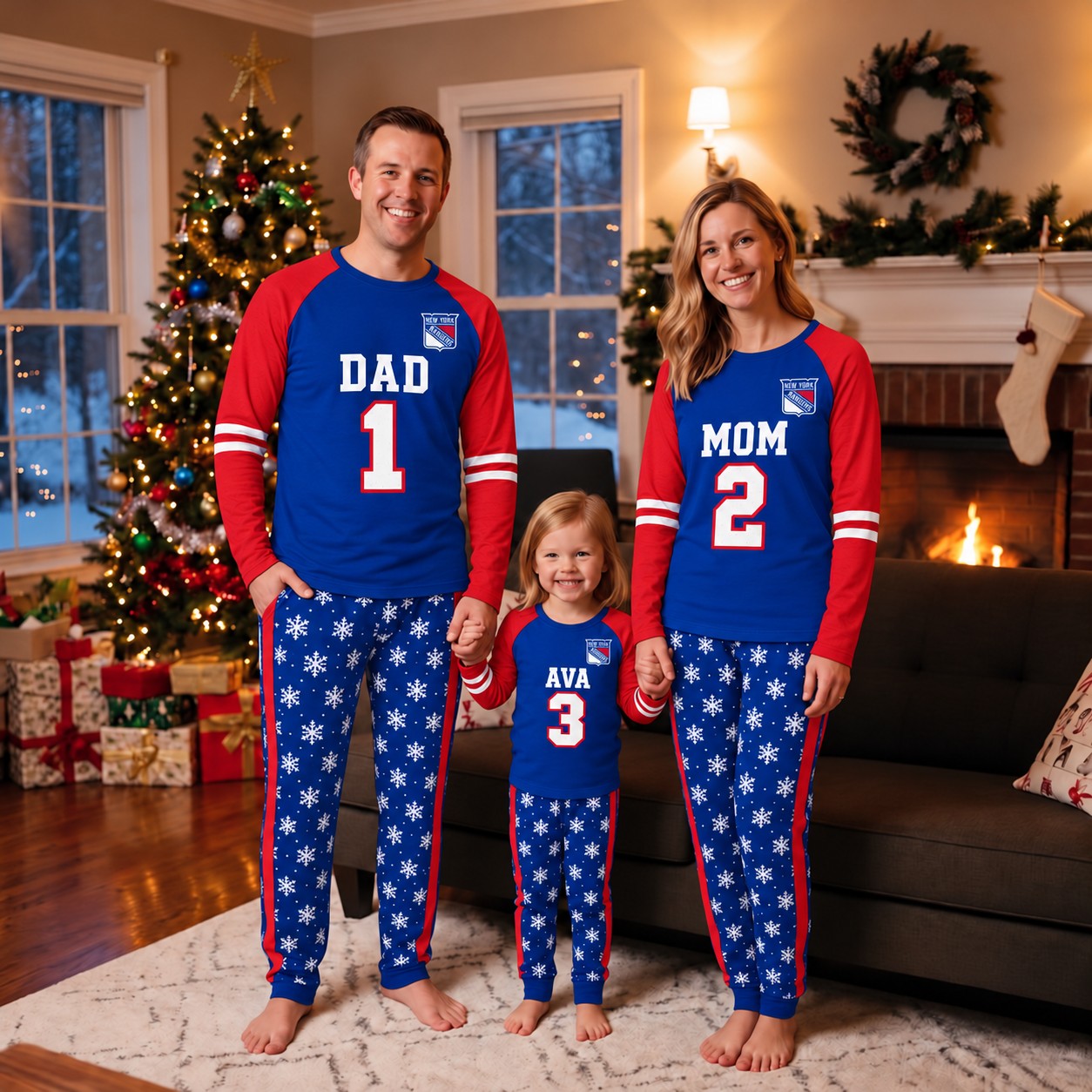 New York Rangers family Christmas pajamas, jersey design