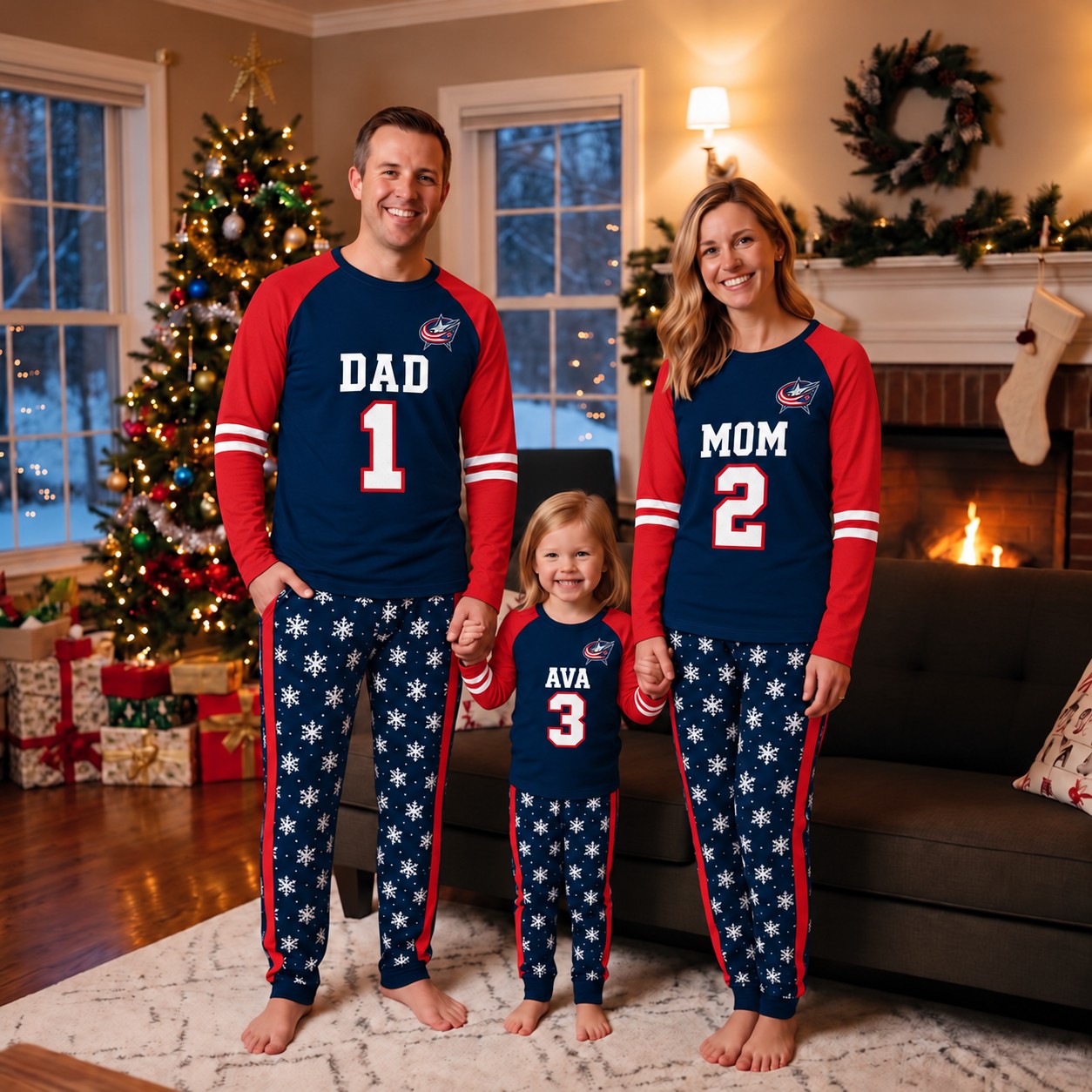 Columbus Blue Jackets family Christmas pajamas, jersey design