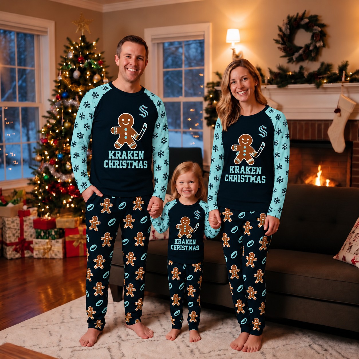 Seattle Kraken family Christmas pajamas, gingerbread design