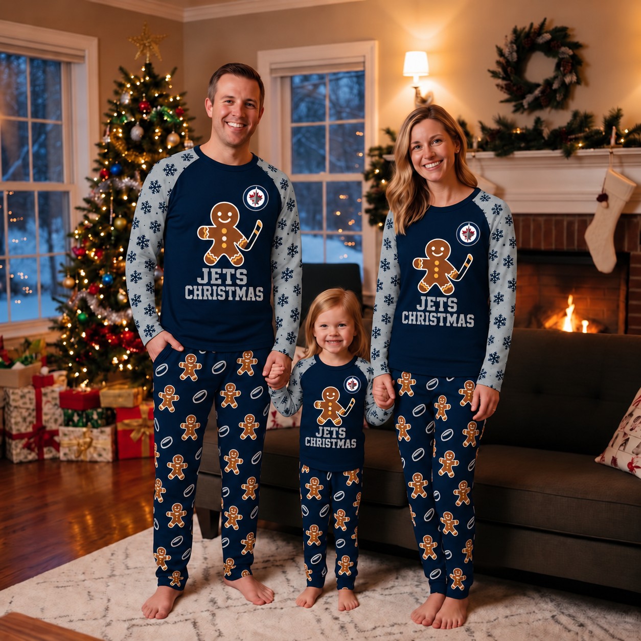 Winnipeg Jets family Christmas pajamas, gingerbread design