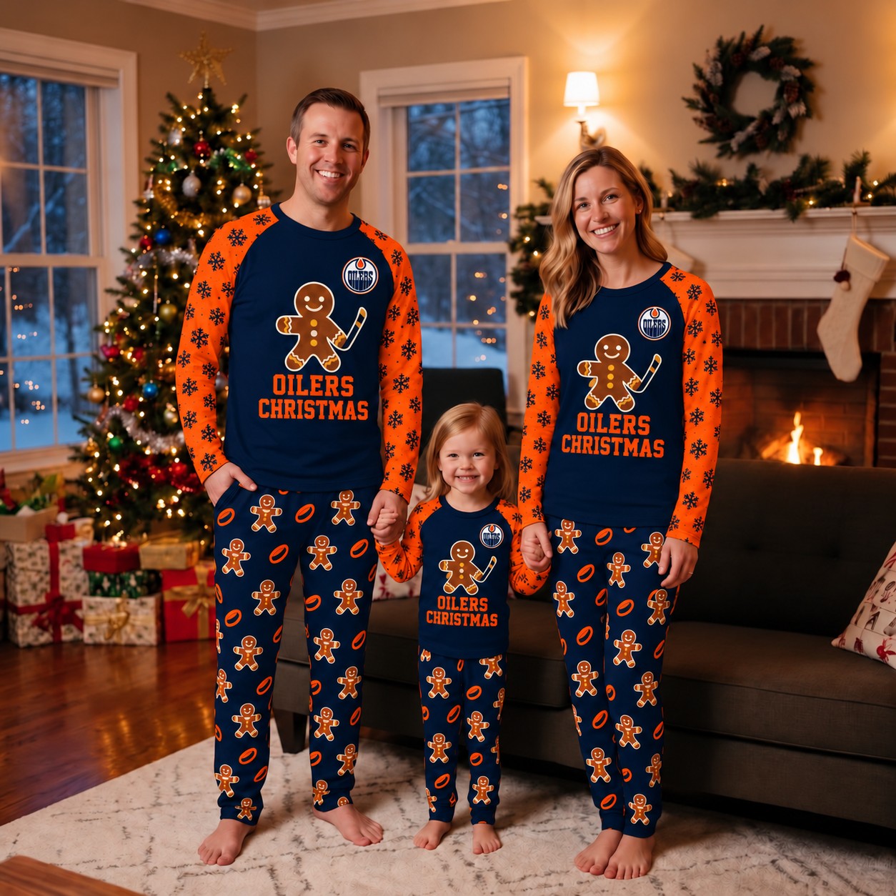 Edmonton Oilers family Christmas pajamas, gingerbread design