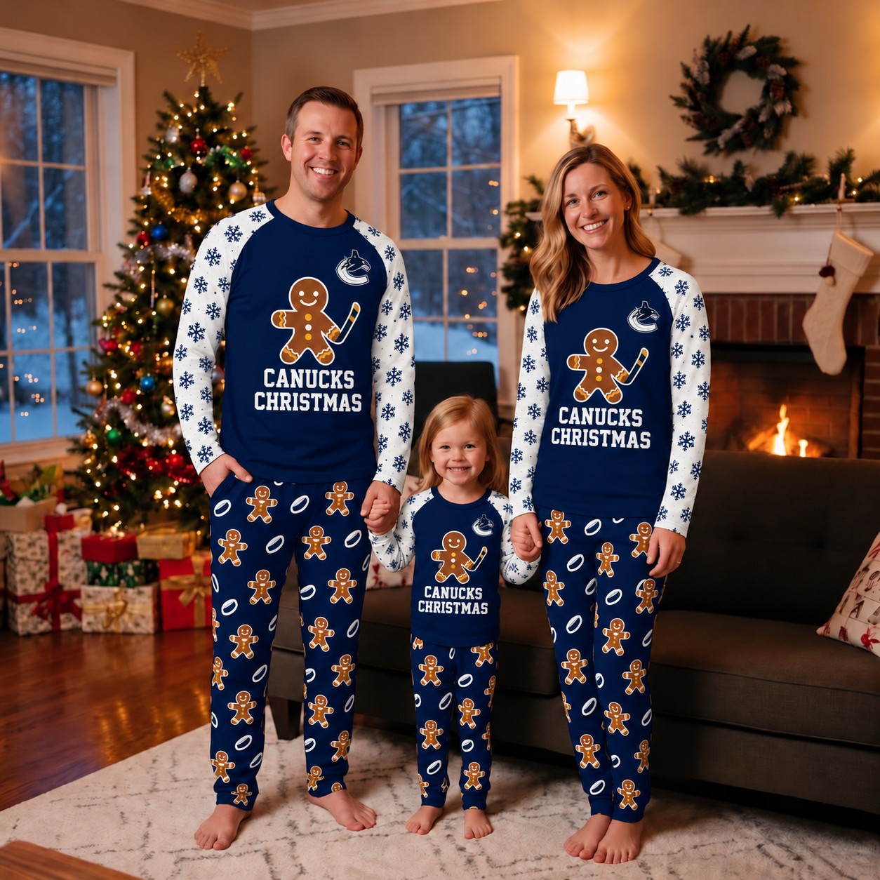 Vancouver Canucks family Christmas pajamas, gingerbread design