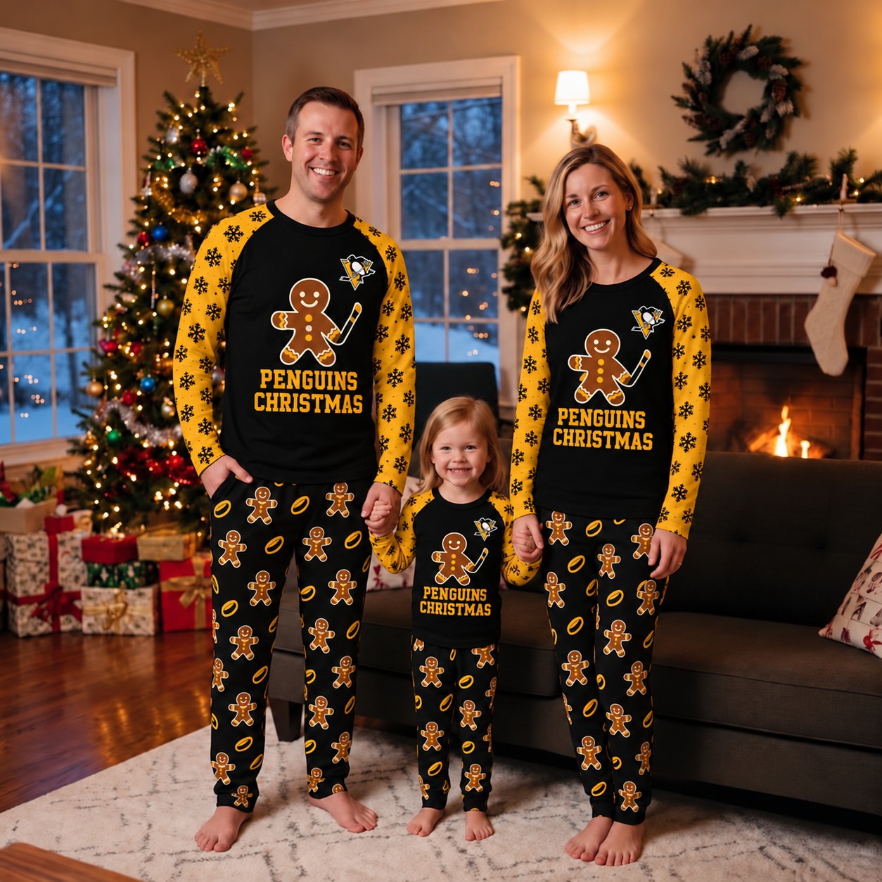 Pittsburgh Penguins family Christmas pajamas, gingerbread design
