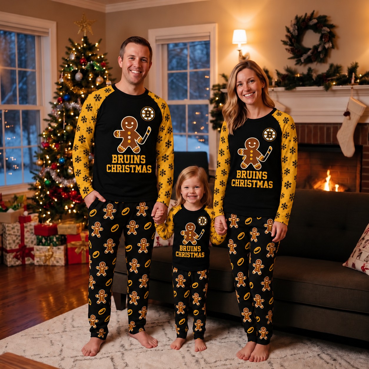 Boston Bruins family Christmas pajamas, gingerbread design