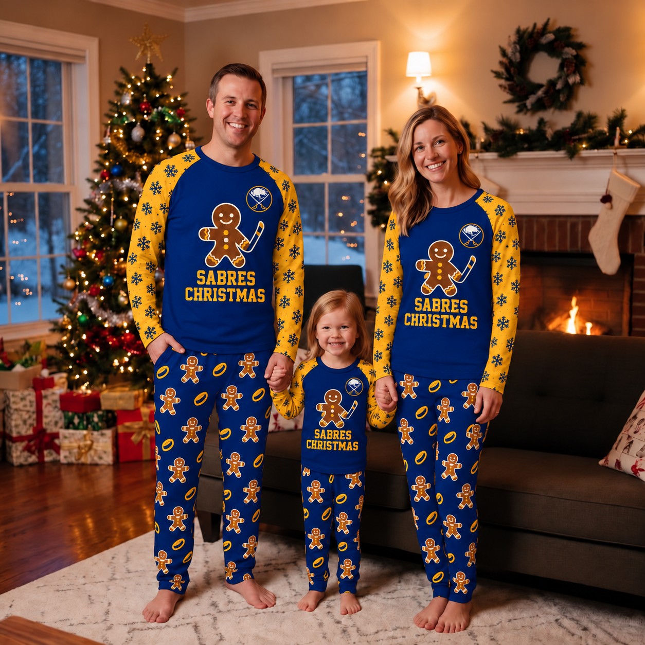 Buffalo Sabres family Christmas pajamas, gingerbread design