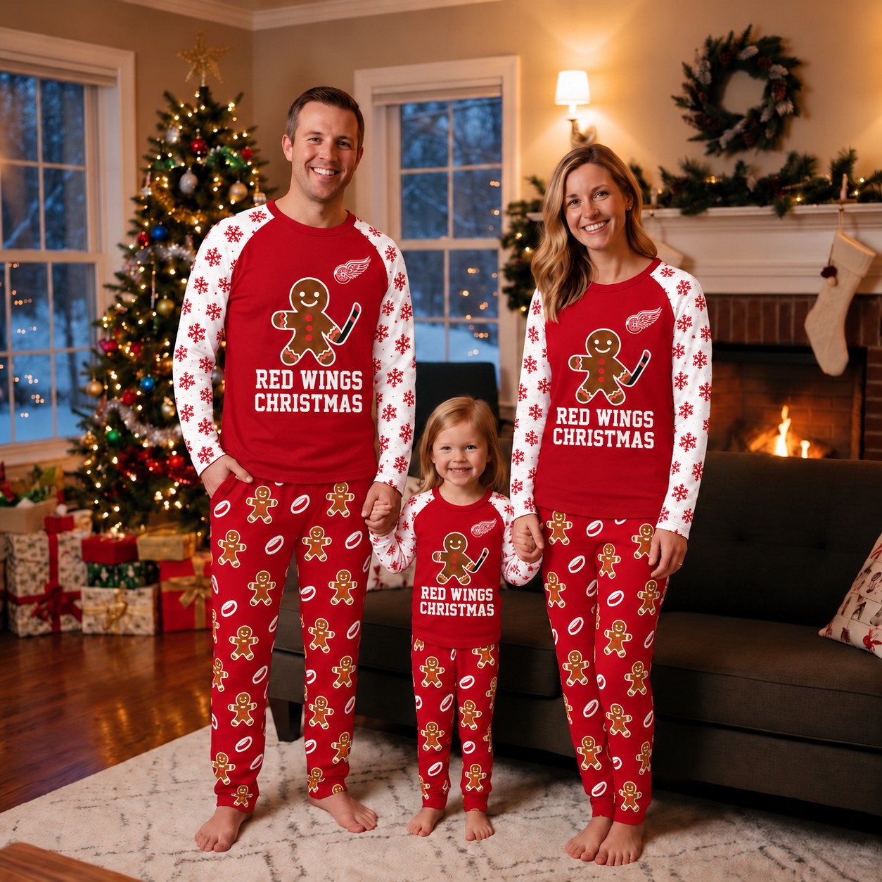 Detroit Red Wings family Christmas pajamas, gingerbread design
