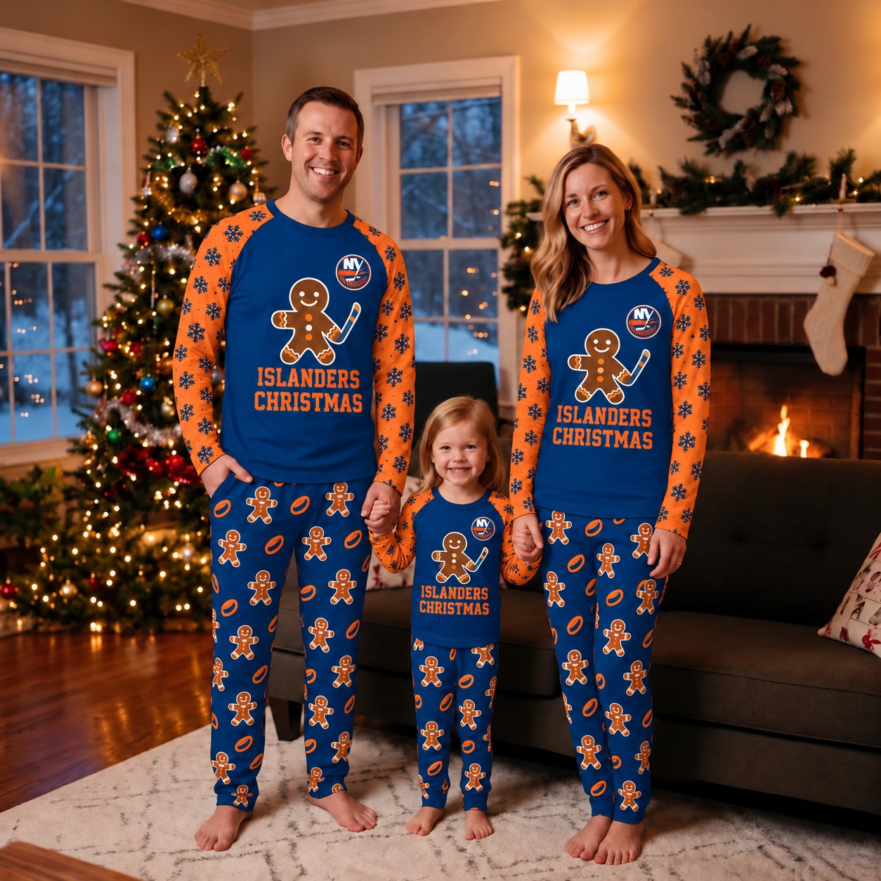 New York Islanders family Christmas pajamas, gingerbread design