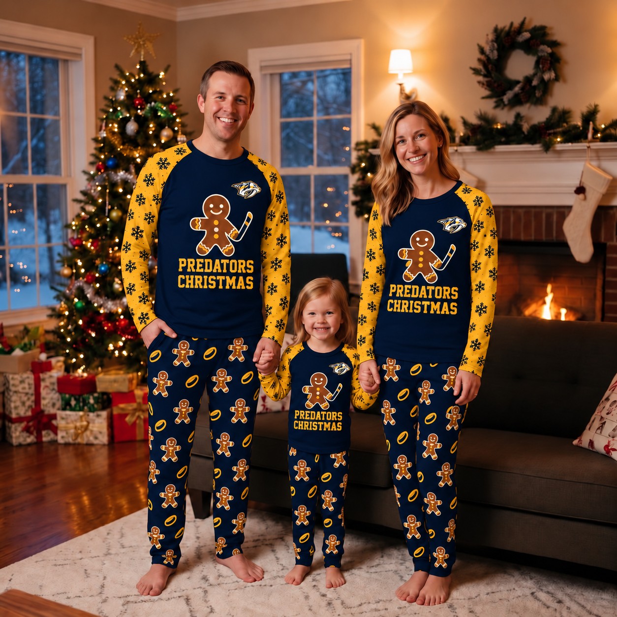 Nashville Predators family Christmas pajamas, gingerbread design