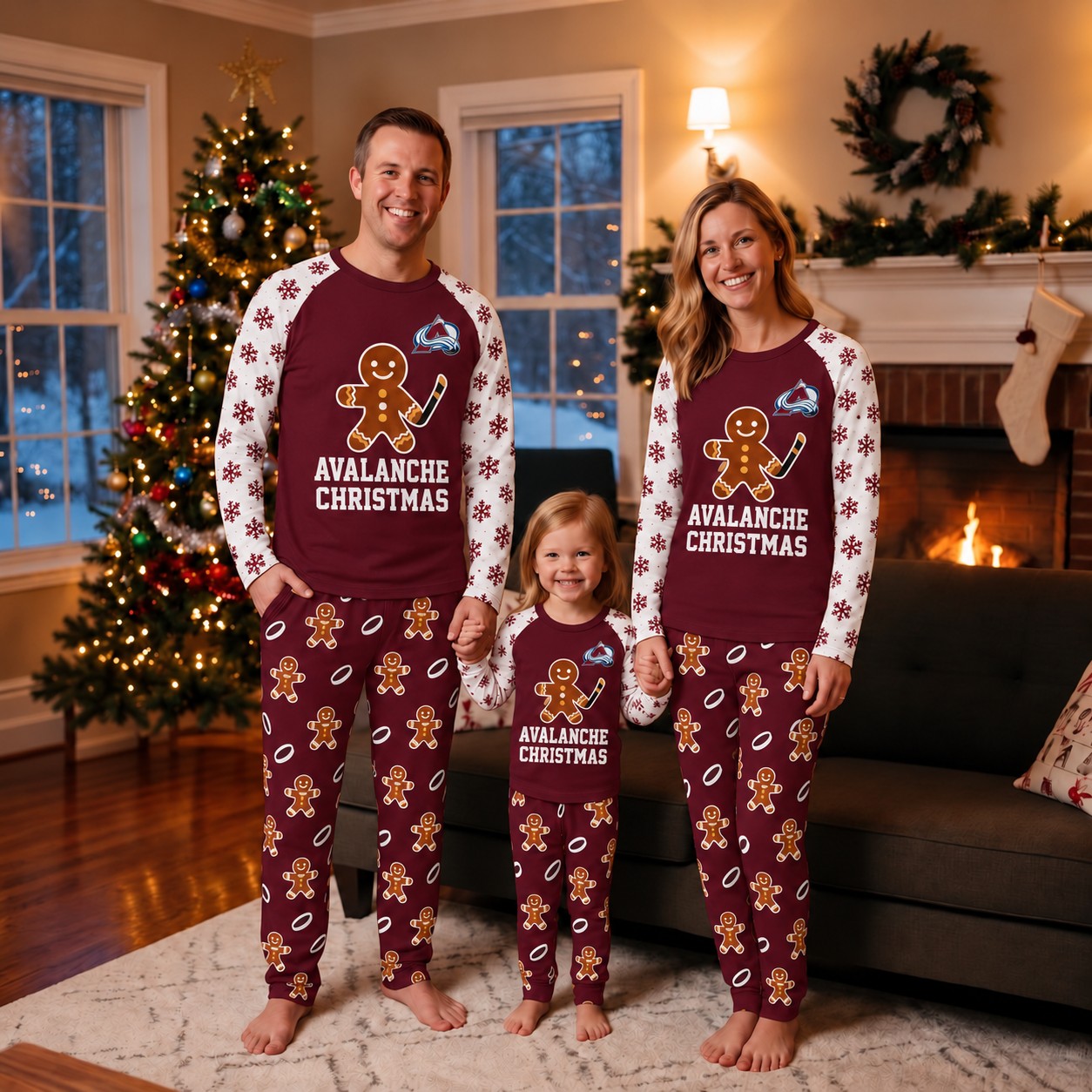 Colorado Avalanche family Christmas pajamas, gingerbread design