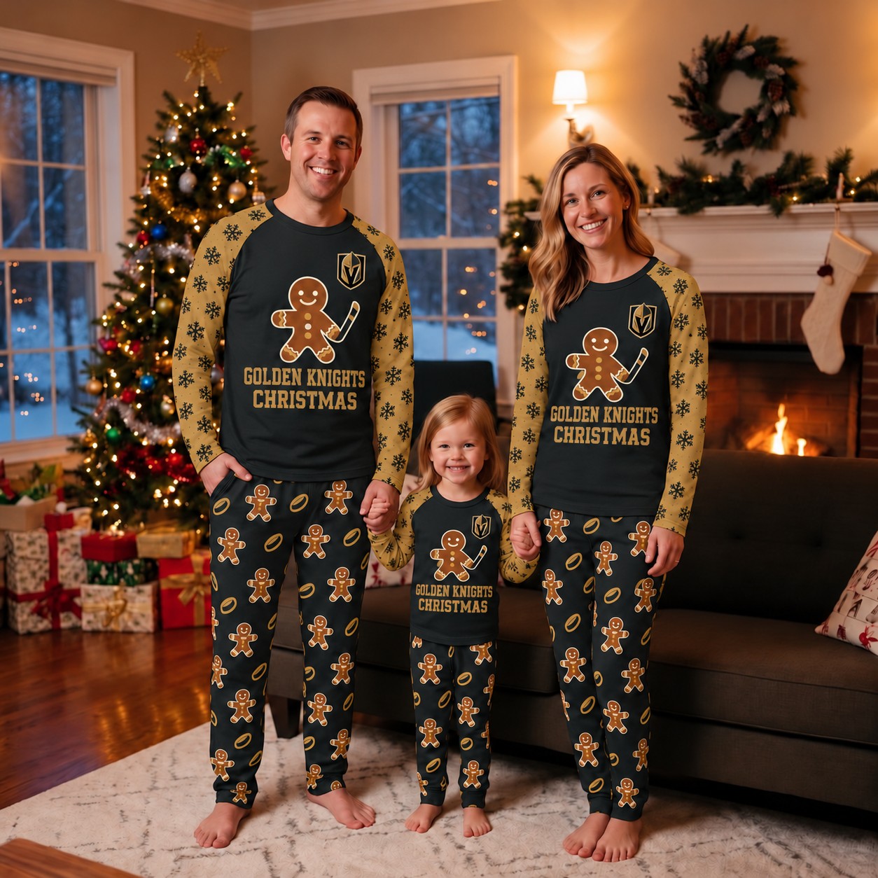 Vegas Golden Knights family Christmas pajamas, gingerbread design