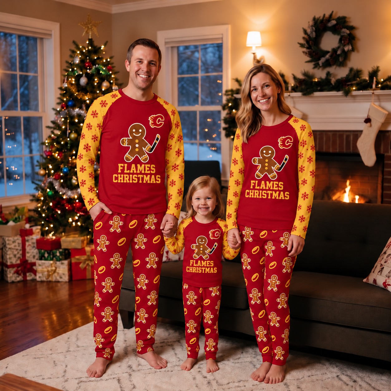 Calgary Flames family Christmas pajamas, gingerbread design