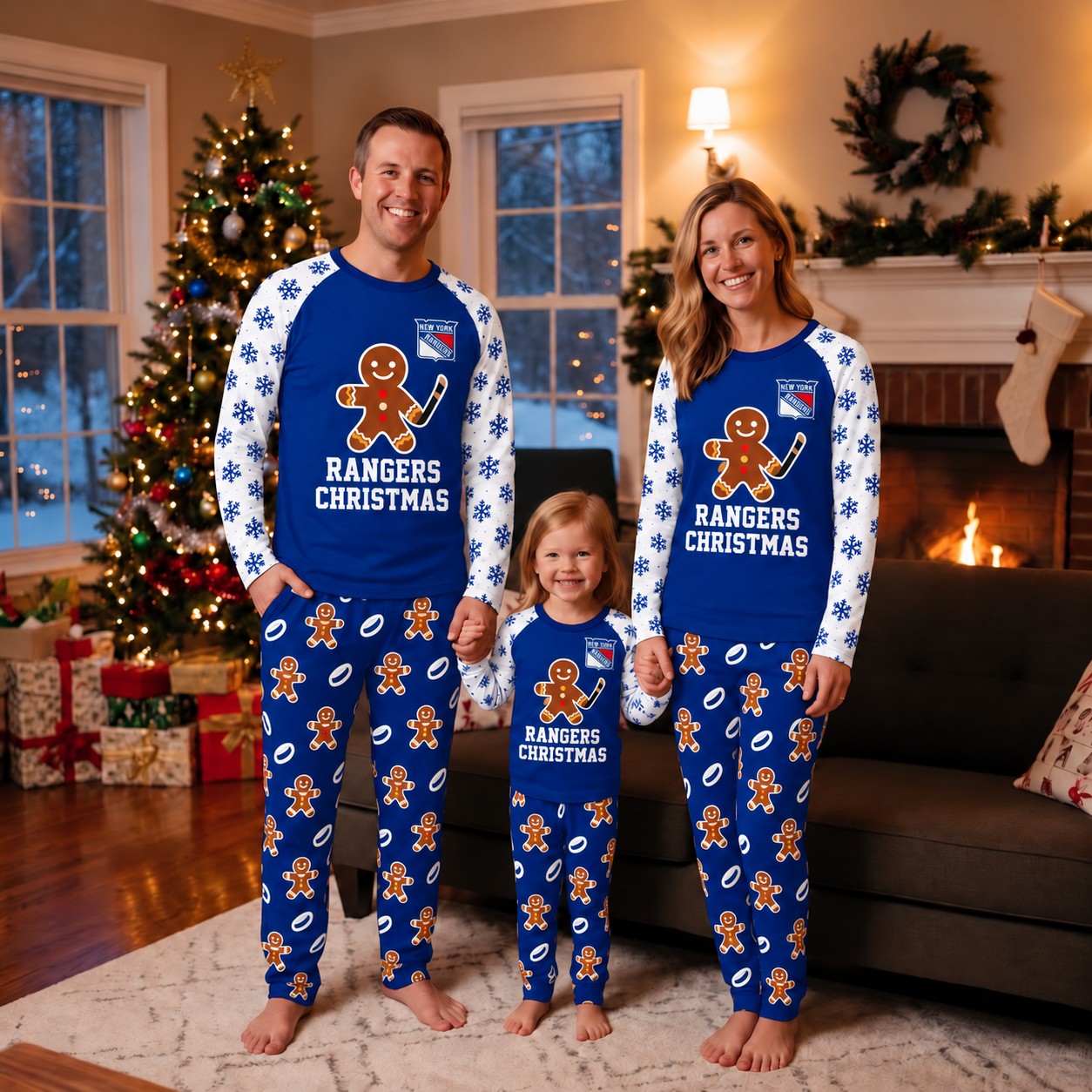 New York Rangers family Christmas pajamas, gingerbread design