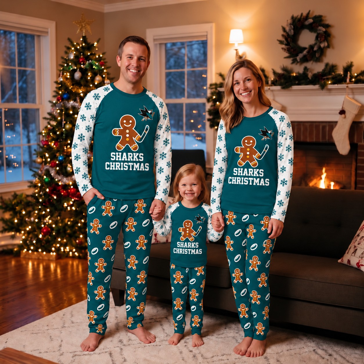 San Jose Sharks family Christmas pajamas, gingerbread design