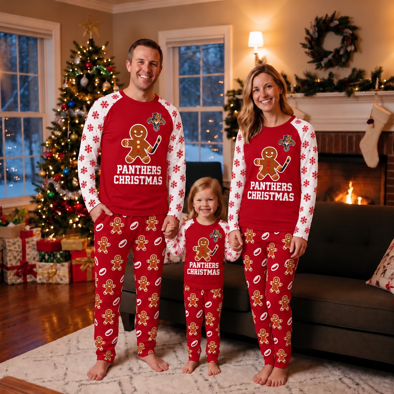 Florida Panthers family Christmas pajamas, gingerbread design
