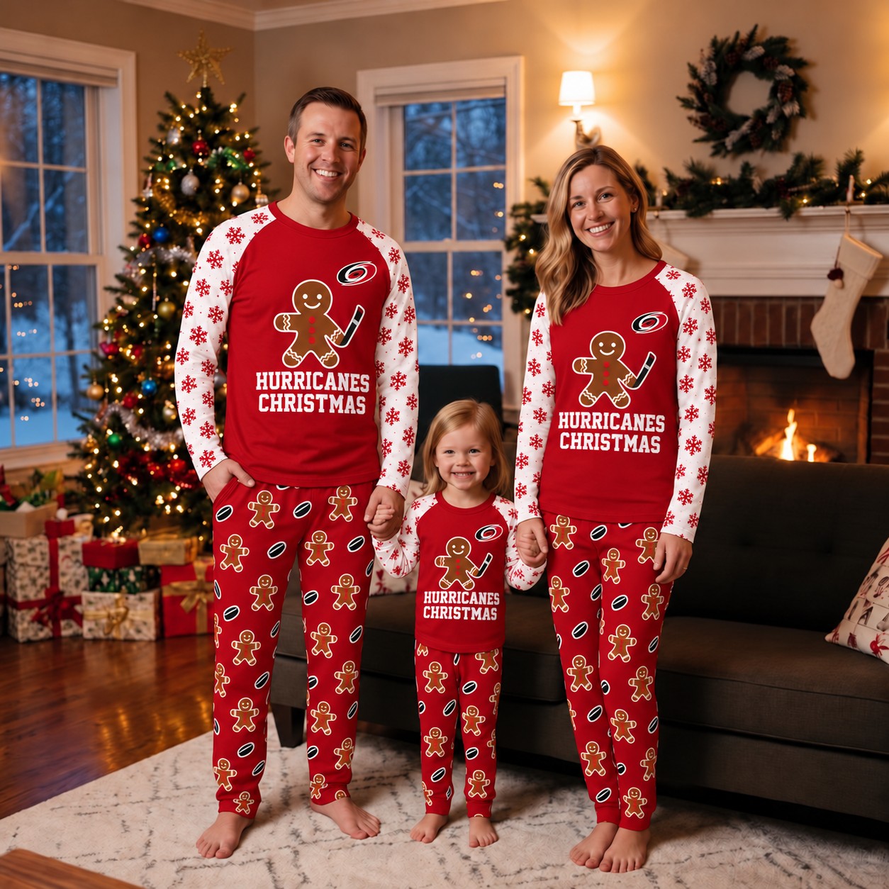 Carolina Hurricanes family Christmas pajamas, gingerbread design