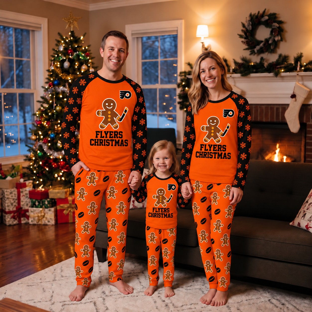 Philadelphia Flyers family Christmas pajamas, gingerbread design