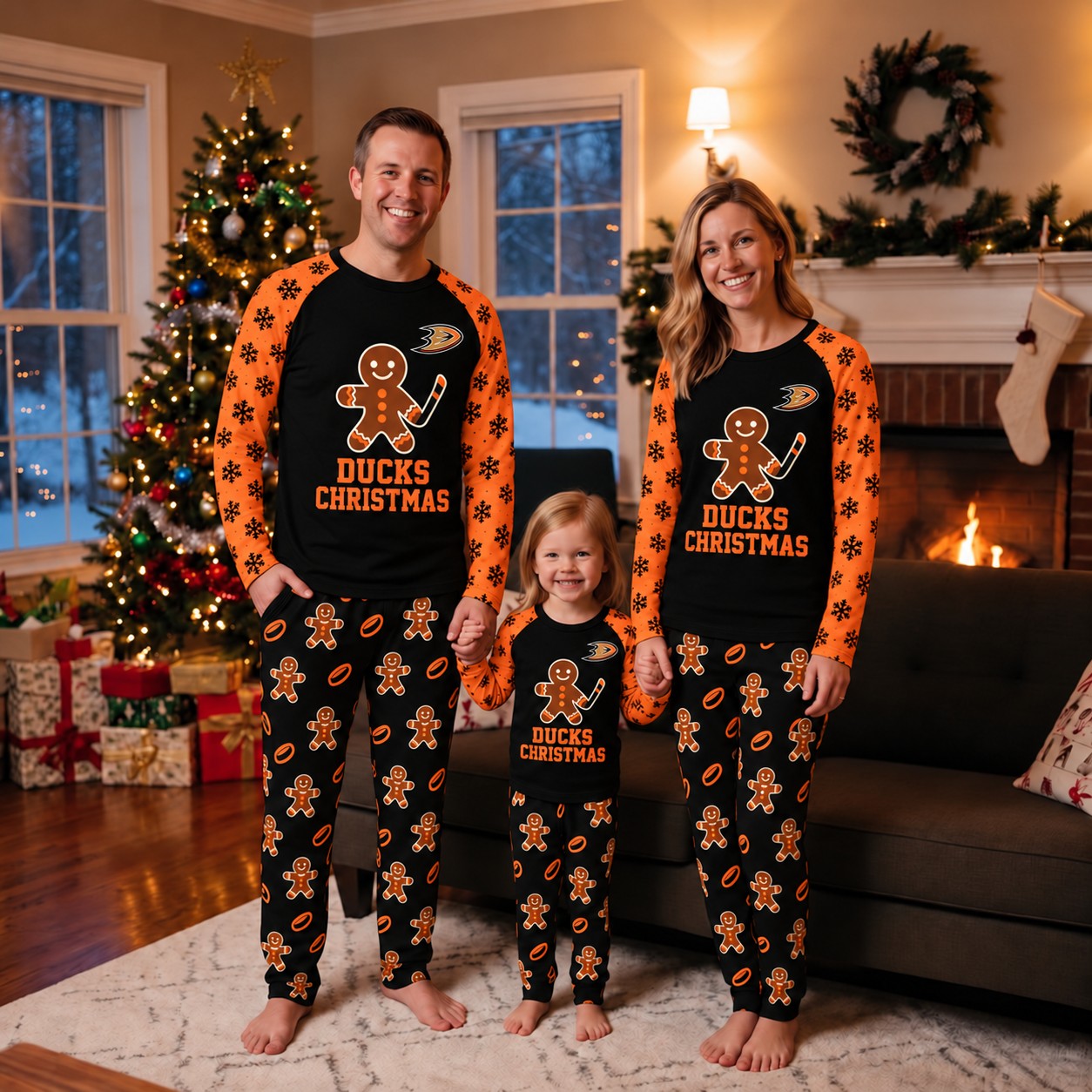 Anaheim Ducks family Christmas pajamas, gingerbread design