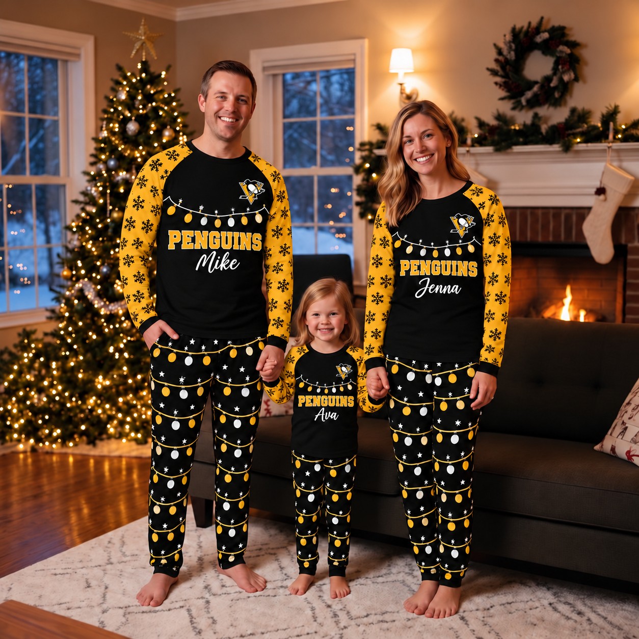 Pittsburgh Penguins family Christmas pajamas, string lights design