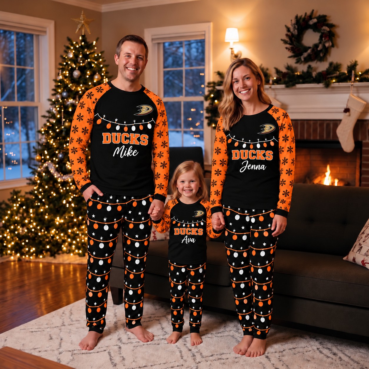 Anaheim Ducks family Christmas pajamas, string lights design