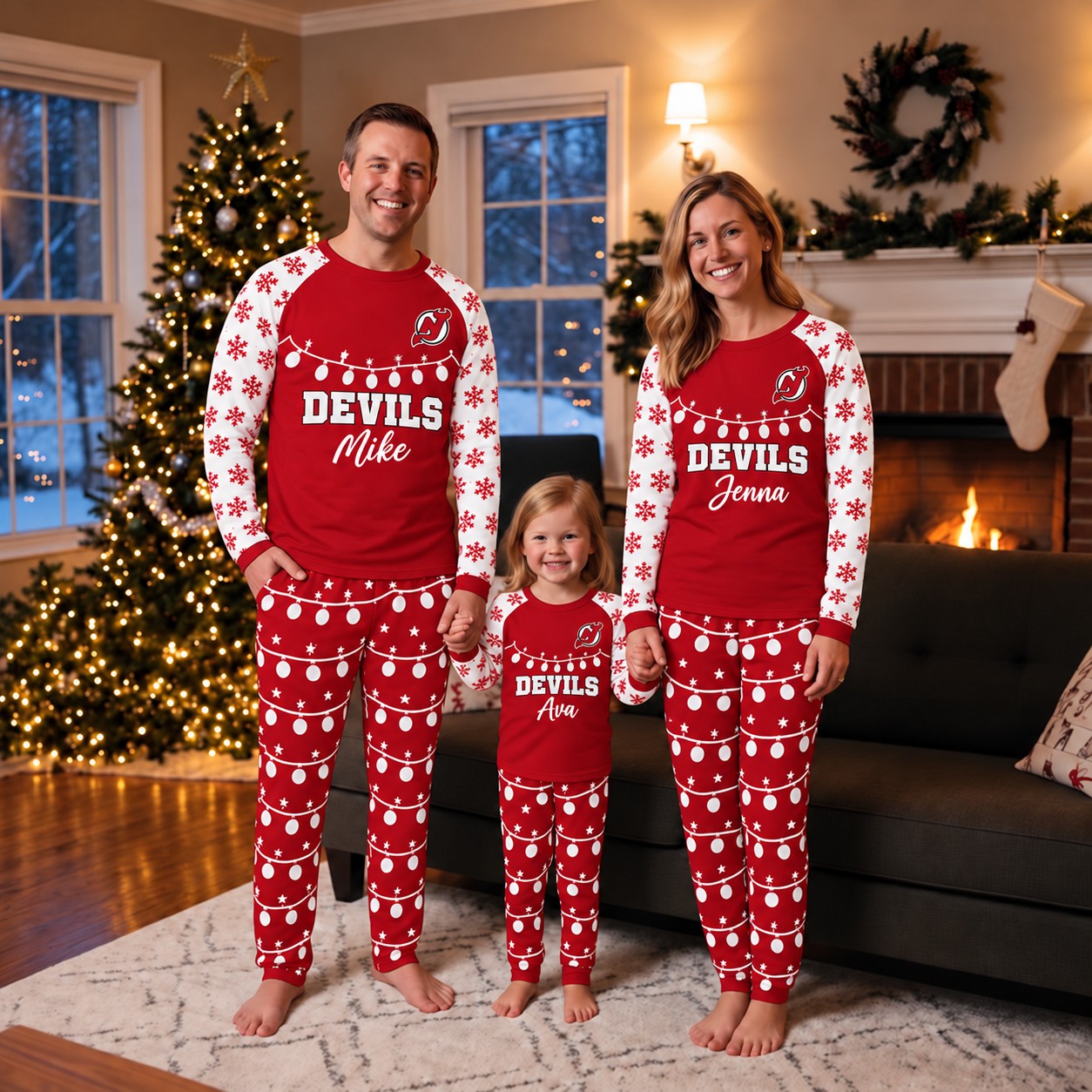 New Jersey Devils family Christmas pajamas, string lights design